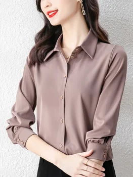Femeie Bluze 2024 Satin Femei Tricou Solidă Șifon Bluza Cu Maneci Lungi De Bază De Mătase Femei Doamnelor Topuri De Moda De Sex Feminin De Îmbrăcăminte J72
