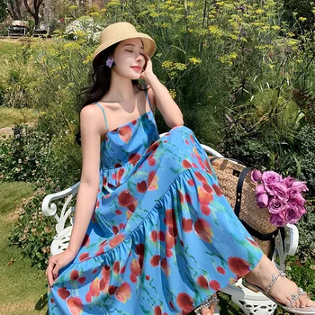 Franceză Retro Fată Abstract Tulip Curea La Mijlocul Lungime Neregulate De Vară Nouă Stațiune De Pe Litoral Rochie Maxi Rochie Coreeană Stil Plajă