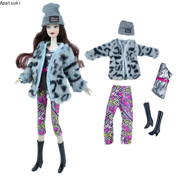 Grey Leopard Moda Papusa Set Haine pentru Barbie Haine 1/6 Păpuși, Accesorii Pentru Barbie Haina de Sus a Culturilor Pantaloni, Palarie, Cizme de Jucărie