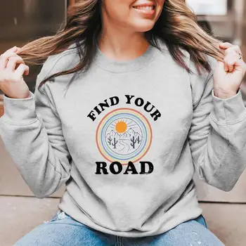 Găsi Drumul De Munte, La Răsărit De Imprimare Din Bumbac 100% Tricou Femei Ourdoor Drumeții Primavara Toamna O-Gât Pulovere Maneca Lunga De Sus