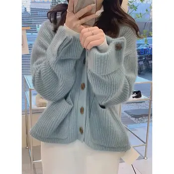 Iarna 2023 Toamna Moda coreeană Femei Solide de Îmbrăcăminte exterioară Buzunar Butonul Tricotate V-neck Cardigan cu Maneca Lunga Pulover Cald X163