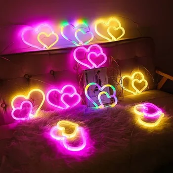 Inima dubla Lumina de Neon Semn LED-uri de Dragoste de Modelare Cupidon Săgeată Lampă de Perete Decor pentru Camera Magazin de Partid Cadou USB si Baterie de Caz