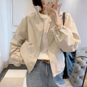 Jachete pentru Femei Stil coreean Stand Guler Solid de Baseball Sacou cu Mâneci Lungi, Jachete Trunchiate Haine Vintage Casual Femei Topuri
