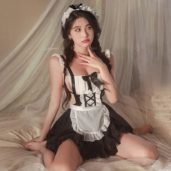 Japoneze Femei Lolita Negru Maid Dress Dulce Costume Cosplay Anime Volane Cămașă De Noapte Kawaii Arc Bandaj Uniforme Lenjerie Sexy