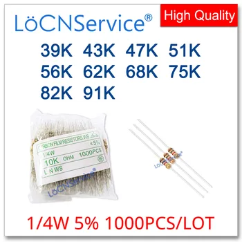 LoCNService 1000PCS/LOT 5% 1/4W 39K 43K 47K 51K 56K 62 KB 68K 75K 82K 91K Film de Carbon Rezistor BAIE OHM