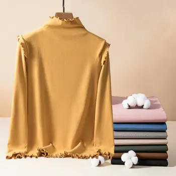 Moale, Elastic Top Culoare Solidă Tricou Moale, Cald, Jumătate Femei-Guler înalt Pulover Bluza pentru Primavara Toamna cu Shirring pentru Gât