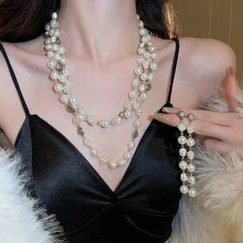 Multi-strat Simulat Perle Lanț Pulover Lung Colier Cercei pentru Femeile franceze de Lux Bijuterii Versatil
