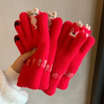Mănuși de iarnă pentru femei ecran tactil de desene animate drăguț tricotate din lână plus fleece îngroșat cald echitatie rece student roșu