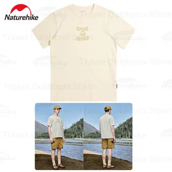 Naturehike Barbati Bej Simplu de Bumbac T-shirt Camping Liber Casual Top cu Mâneci Scurte Scrisoare Brodate Tees