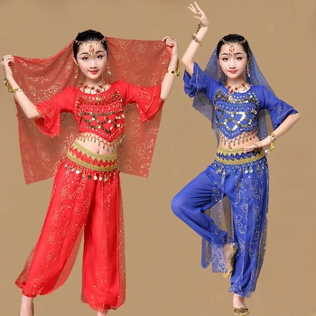 Nouă Copii De La Bollywood, Dans Din Buric, Costume Set Fata Belly Dance Dans Oriental Maneci Scurte Copil De Performanță Etapă Costume