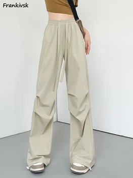 Pantaloni Femei de Primăvară Stil coreean Falduri Largi din Dantela-up Solid Simplu Ameican Trendy Toate-meci de Streetwear Pantaloni Chic