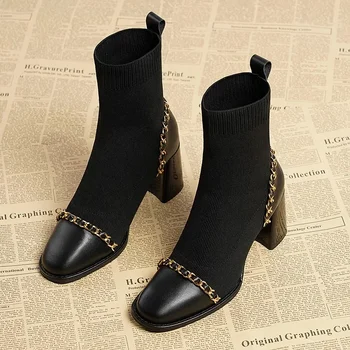 Pantofi de sex Feminin 2023 Moda cu Maneci pentru Femei Cizme de Iarna Deget de la picior Pătrat Solid Tub de Mijloc Tocuri Indesata Întinde Cizme Zapatos De Mujer