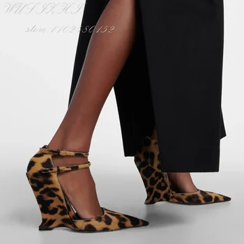 Piele De Căprioară Maro Negru Leopard De Imprimare Wedge Sandale Femei Subliniat Toe Lumină Roșie Strălucitoare Din Piele Model De Piatra Cataramă Pantofi Sexy