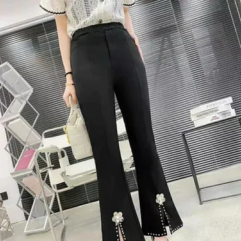 Primavara Toamna Moda coreeană Micro-Pantaloni Evazate Femeie Îmbrăcăminte Casual cu Margele Vrac Tendință de Înaltă Talie Pantaloni pentru Femei Negru 2023