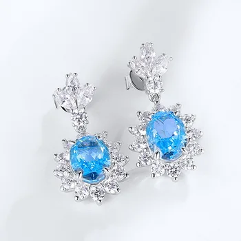 S925 Argint Diamant Legăna Cercei Femei Bijuterii Fine Galben Albastru Mare De Carbon, Diamante Fațete Argint Picătură Cercei