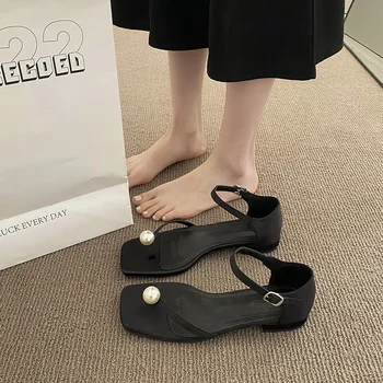 Sandale Femei 2023 Noi Vara Rece Perla Carouri Fund Plat Cap Pătrat Simplu Doamnelor Pantofi de Moda Flip-flop Sandalias Femininas