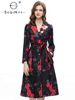 SEQINYY Elegantă Haină Lungă de Toamnă de Primăvară Nou Design de Moda Femei Pista High Street Vintage Red Flower Print Aplici Slim Belt