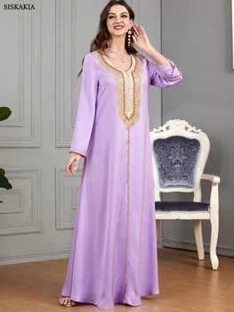 Siskakia Femei Galabiyat Moda Solid ștrasuri din Mărgele Full Sleeve V-Neck Elegant Casual Musulman Marocan Femei Rochie Lunga