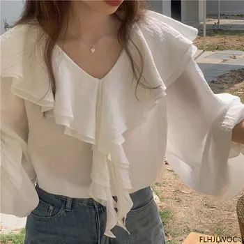 Strat Volane Topuri Femeile Coreeană Stil De Design De Haine Flare Sleeve Birou Elegant Lady Albe Fete Dulci Bază Tricouri Bluze