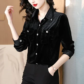 Toamna Iarna Catifea Neagra, Guler Polo Bluze Femei Elegante Top Casual Tricouri 2023 Moda Coreeană Bodycon Chic Doamnelor Top Coats