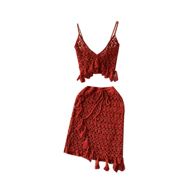 UETEEY Vara Set Tricotat pentru Femei Boem Vacanță Vânt Gol Ciucure V-neck Top fara Bretele + Hip Fusta Două Bucata Costum