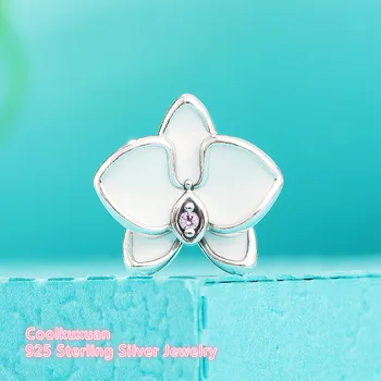 Vara Email Alb Orhidee Farmecul Șirag de mărgele se Potrivesc Pandora Bratari Argint 925 Original CZ Margele de Flori Pentru a Face Bijuterii