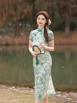 Vara Femei Broderie Jacquard Sifon cu Maneci Scurte Qipao Retro Mandarin Guler Cheongsam Chineză Rochie de Seara