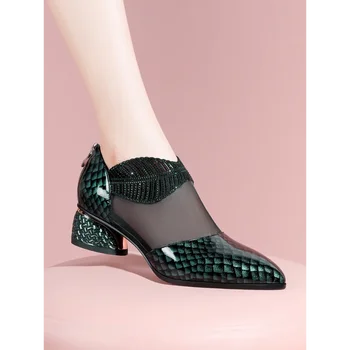 Verde cu Fermoar Spate Pantofi Moderne pentru Femei Toc Pătrat a Subliniat Toe Femei Pantofi Casual ochiurilor de Plasă Respirabil în aer liber pentru Femei Pantofi de Mers pe jos