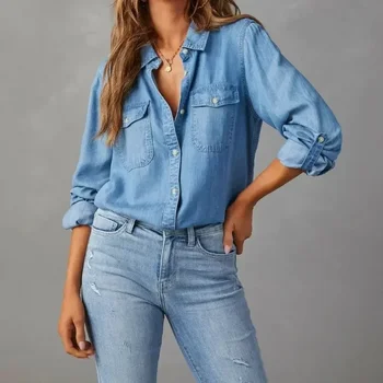 Vintage Albastru Denim Bluza de Moda pentru Femei cu Maneca Lunga Topuri Largi Streetwear Casual Rever Buton-o pe Tricouri Femei Îmbrăcăminte 30085