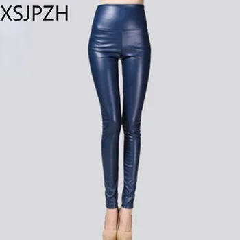 Xsjpzh 2024 Nou Design de Moda pentru Femei de Talie Mare din Piele PU Legging Stretch Skinny, Jambiere Strans Solid Îngroșa Pantaloni de Piele