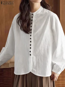 ZANZEA Femei Maneca Lunga Top Tunica de Moda de Înaltă Guler Bluza de Primavara 2024 Naveta Cutat Blusas Casual, Plasă de Tricou de Culoare Solidă