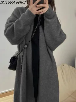 ZAWAHIKI Culoare Solidă Toamna-Iarna Moda coreeană Moale Cald Tricotate Cardigan Lung Femei Vrac Minimalist Toate se Potrivi Pulover Casual