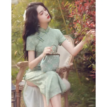 Îmbunătățit cheongsam retro stil Chinezesc tinere femei rochie de vara lunga 2023 nou fata verde și elegant
